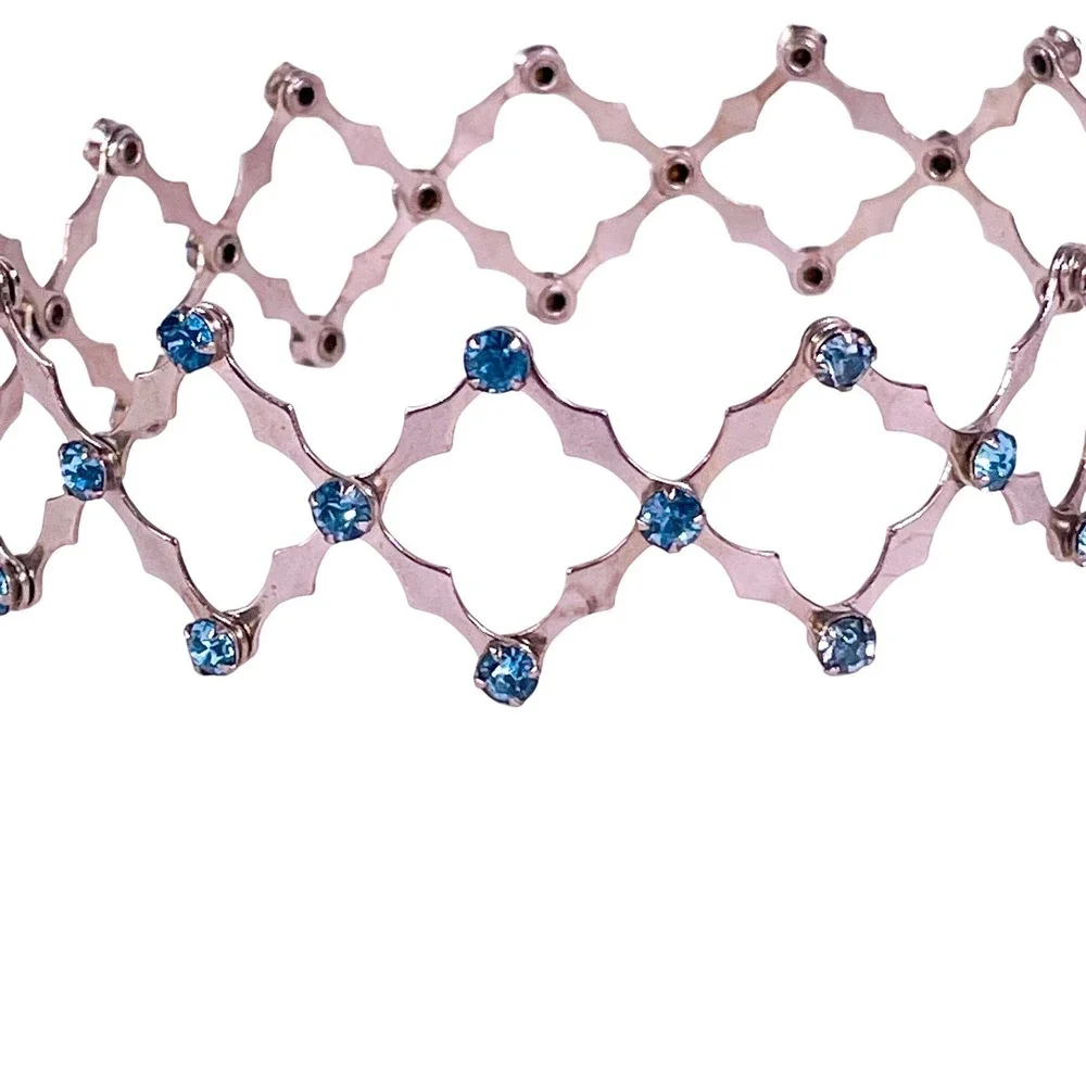 Vintage 1950s Expandable Chignon Hair Bun Cage‎ Silver Tone Blue Rhinestones